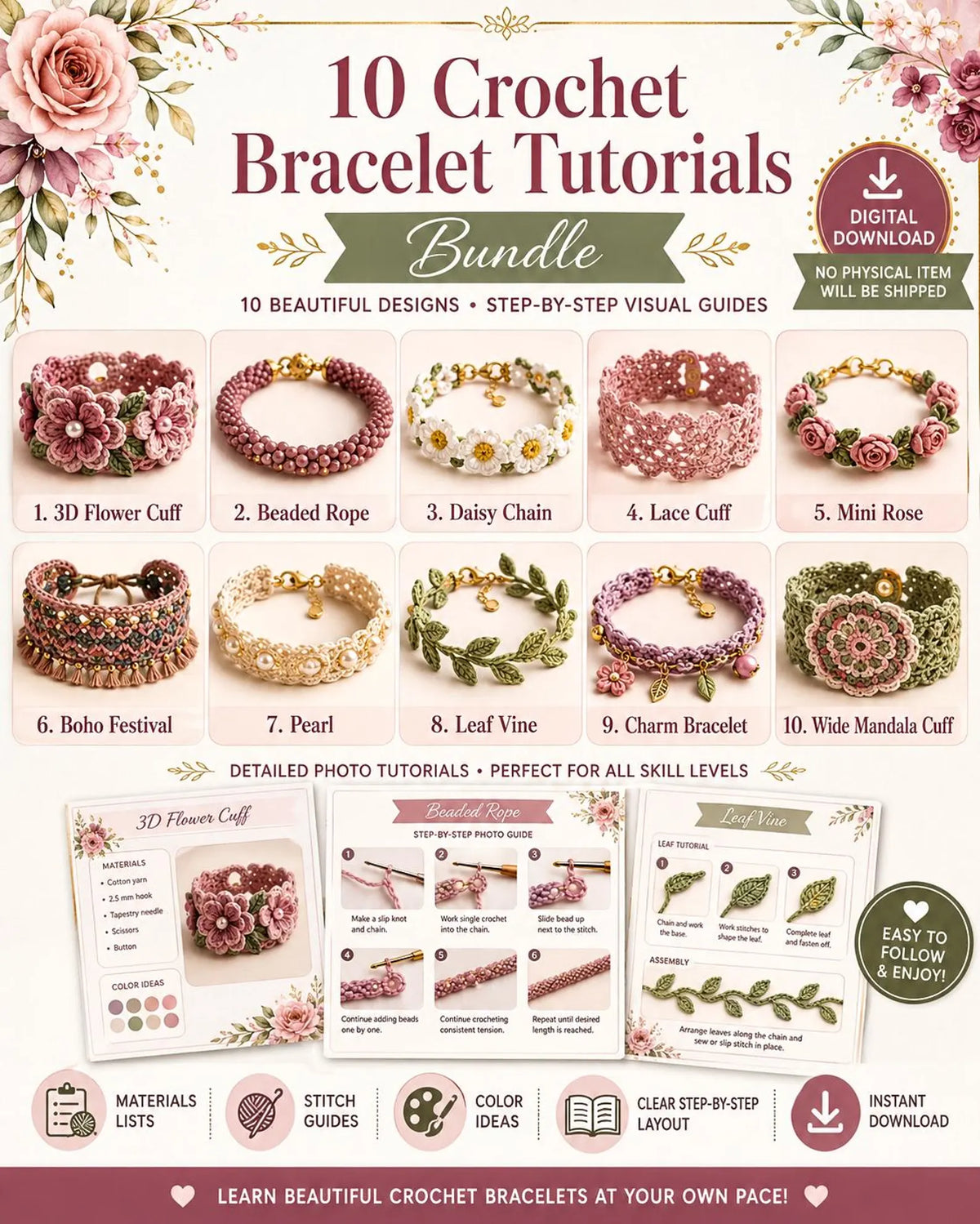 Crochet Bracelet PDF Bundle – 10 DIY Jewelry Patterns for Instant Download