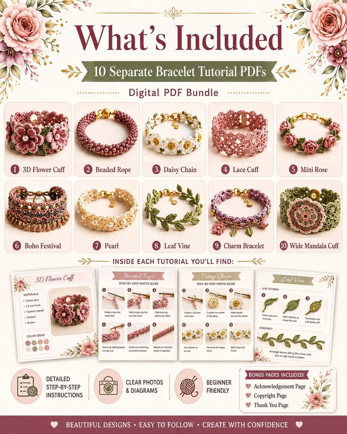Crochet Bracelet PDF Bundle – 10 DIY Jewelry Patterns for Instant Download